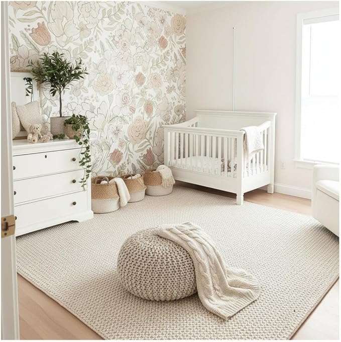 Handwoven Wool Area Rug - Hand Woven Natural Carpet Rugs- Bedroom Living Room Dining Room (Ivory- 10'x14')