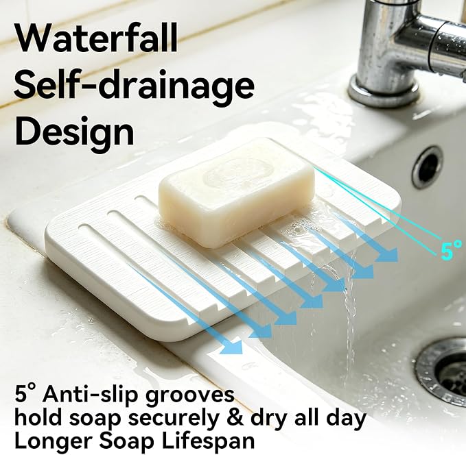 Self Draining Diatomite Stone Soap Dish, Waterfall Drainer Water Absorbing Soap Holder for Bathroom Kitchen Sink, Quick Dry Sponge Holder, Keep Soap Bars Dry Clean & Easy Cleaning(White)