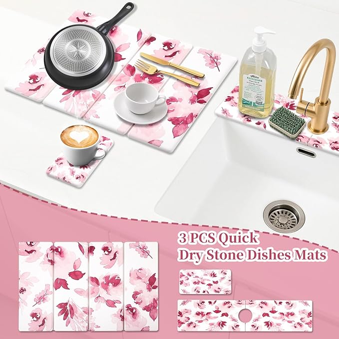 3 PCS Stone Dish Drying Mat for Kitchen Counter, Quick Dry Foldable Stone Dishes Mats, Water Absorbing Diatomaceous Earth Drying Organizer for Dishes Bottles, Cups and Tableware (Pink)