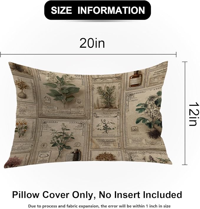 Shrahala Mythical Plants Specimen Labels Linen Throw Pillow Cover, Victorian Herbarium with Earth Tones Lumbar Pillowcase Blended Double-Sided No Inserts for Bedroom Living Room Set of 2 (12 x 20 in)
