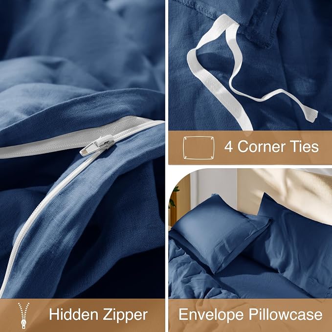 SONORO KATE 100% French Linen Duvet Cover King Size, Soft Breathable for Hot Sleepers, Moisture Wicking & Durable Cover Set - Zipper Closure & 4 Corner Ties Duvet Covers 3 Piece (Navy Blue,King)