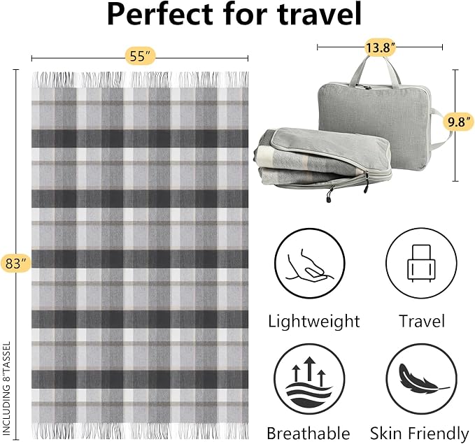 100% Wool Blanket Throw,Gray Plaid Wool Blanket with Compact Bag,Rustic Soft Lightweight Blanket for Couch,Sofa,Bed & Lounging Decoration, Warm Travel Blanket for Home, Airplane,Ideal Gifts 55"x83"