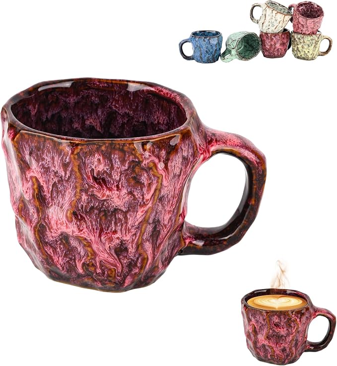 DorkTees 9oz Handmade Reactive Glaze Stoneware Coffee Mug, Luxury Rustic Textured Cup with Handle, High-Fired Ceramic Mug, Microwave & Dishwasher Safe, Gift for Coffee Lovers. (Red)