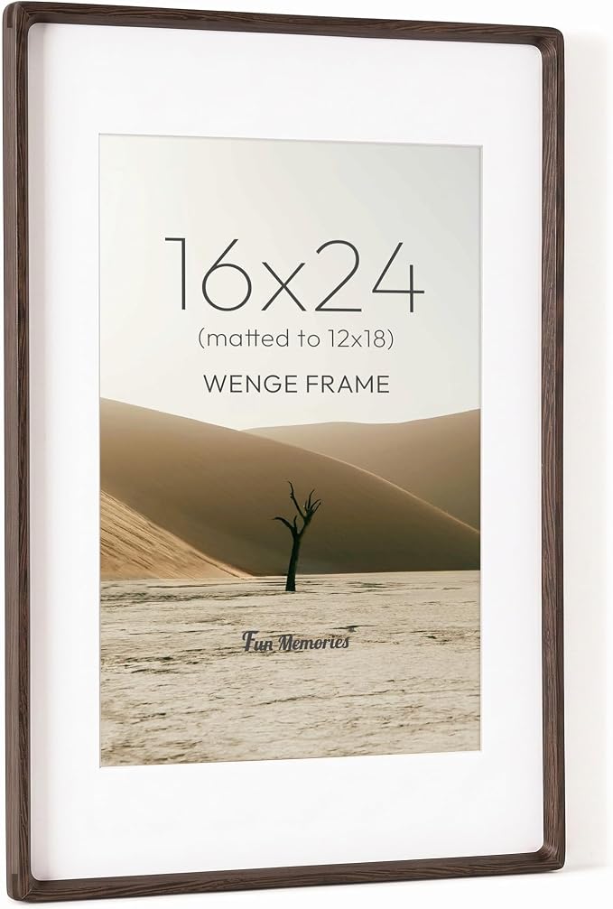 Fun Memories 16x24 Poster Frame, Natural Wenge Wood Picture Frame with HD Tempered Glass, Handcrafted Rounded Corner 16 x 24 Wooden Frame Matted to 12x18 Photos, Horizontal or Vertical Wall Display