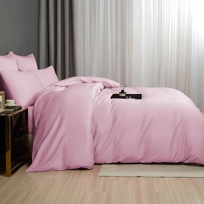 Blush Pink Cotton Duvet Cover Set Queen 100% Long-Staple Cotton Sateen Bedding Set, Soft Breathable Smooth Organic Pure Cotton Plain Comforter Cover, Luxury Minimalist Bedroom Decor for All Season