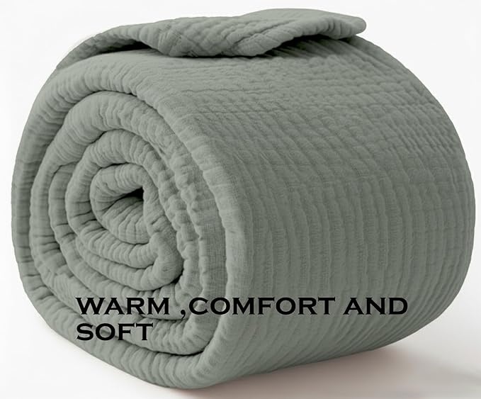 KyraHome 100% Organic Cotton Throw Blankets, 60"x80", Plant Dyed, Lightweight Warm, Gauze Soft Muslin Blankets for Adults, Picnic, Travel, Summer, All Season, Sage Green