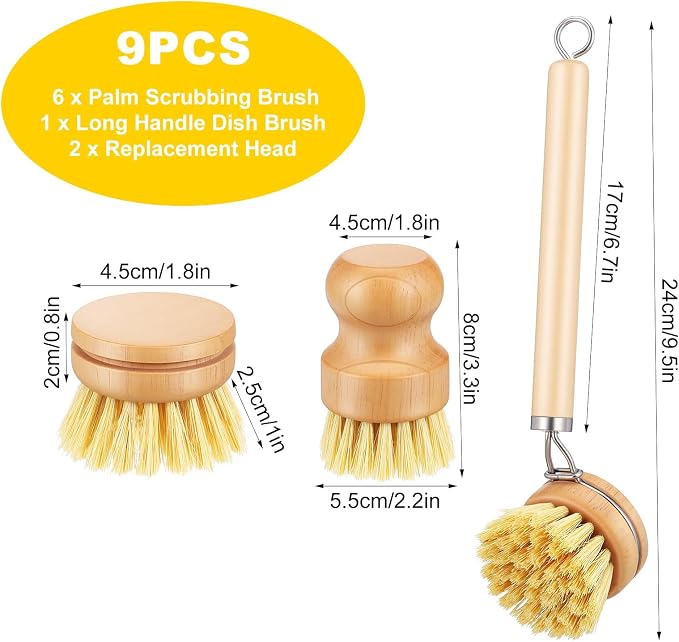 9 Pcs Bamboo Dish Brush Set, Multifunctional Dishwashing Scrubber with Natural Sisal Bristles, Wooden Dish Brush for Cleaning Pots, Dishes, Pans, Vegetables
