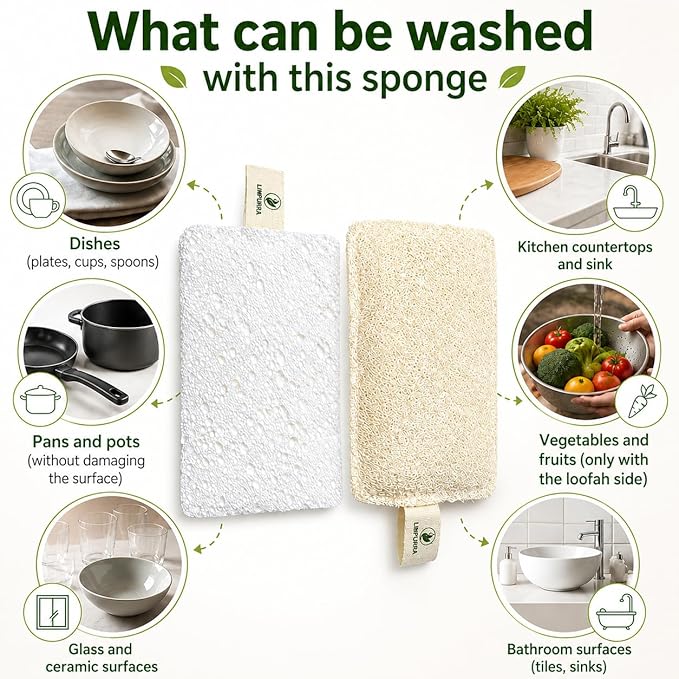 Natural Loofah Biodegradable Sponges Plant Based Kitchen Cleaning Supplies Plastic Free Luffa Sponges Dish Scrubber Cellulose Sponges Household Cleaning Tools Zero Plastic Products