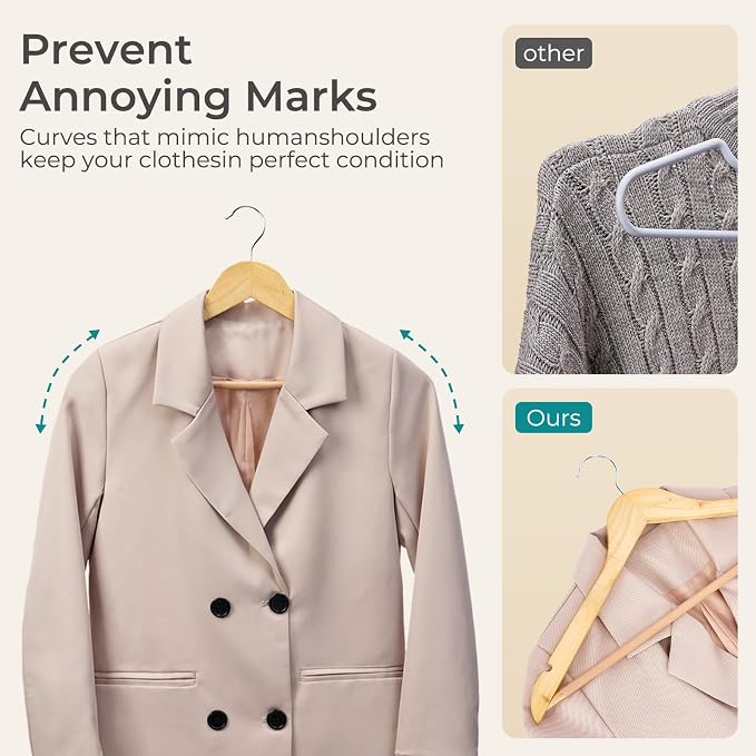 HOUSE DAY Premium Wooden Hangers 50 Pack - Heavy Duty & Durable Coat Hanger | Natural Wood Suit Hangers, 360° Swivel Hook & Pant Bar, Ideal for Jackets, Dresses, Shirts, Perfect for Closet Organization