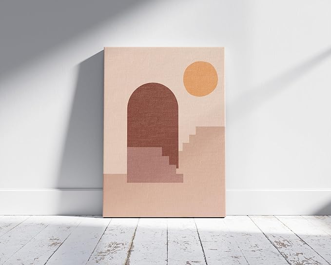 Abstract Architecture Wrapped Canvas Wall Art Archway Stairs Sun Geometric Earth Tones Terracotta 16x20 Inch Gallery Stretched Mid Century Modern Home Art