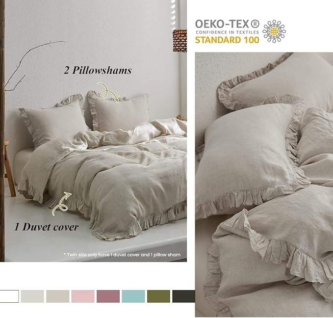 Simple&Opulence 100% Linen Duvet Cover Set, 3 PCS Natural French Flax Ruffle Duvet Cover King Size, Breathable Comfy Linen Bedding Comforter Cover with 2 Pillowcases (Natural Linen, 104" X 92")