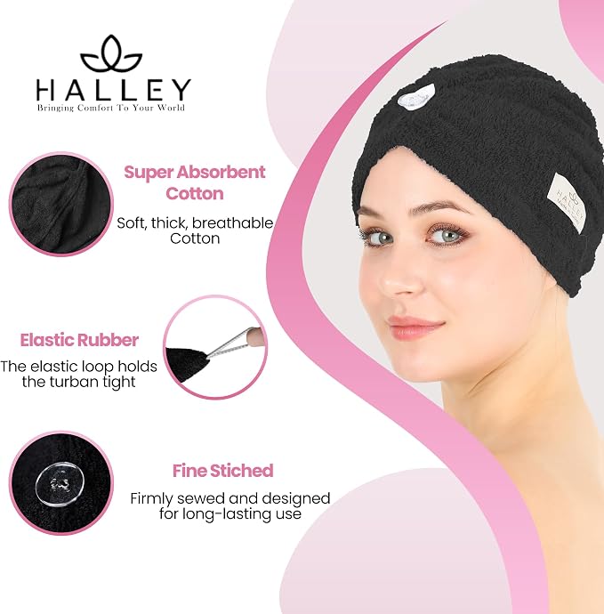 HALLEY Cotton Hair Towel Wrap (3 Packs) Super Absorbent Fast Drying Turbans for Thick, Wet Hair with Button (Black)