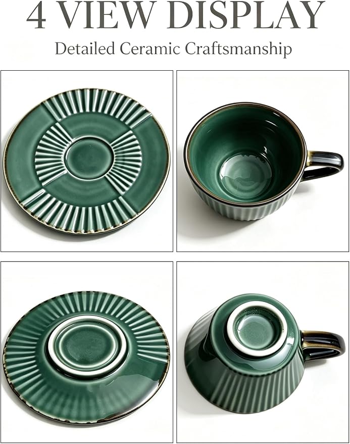 Ceramic Coffee Cup and Saucer Set, 6.7 oz Espresso Cup Set with Plate, Forest Green Ceramic Tea Cup for Latte, Cappuccino, Coffee Bar and Kitchen Décor