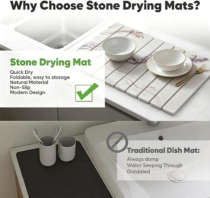 Stone Drying Mat for Kitchen Counter, Quick Diatomaceous Earth Mats for Dishes, 24"L x 16" W Super Absorbent Fast-Drying Collapsible Countertop Stone Mat (Marble White-06, 24" x 16")