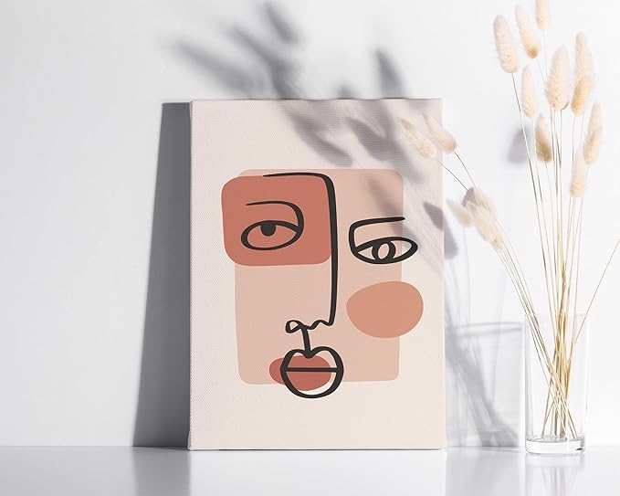 Y2K BOO Abstract Face Wrapped Canvas Wall Art Continuous Line Drawing Organic Shapes Earth Tones Terracotta 12x16 Inch Gallery Stretched Modern Home Wall Art