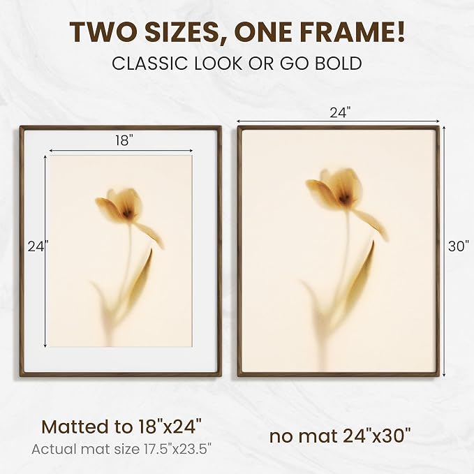 24x30 Poster Frame, USA-Sourced Walnut Wood Frame Wall Mounted, 24x30 Picture Frame with Real Glass, 24 x 30 Picture Frame Matted to 18x24 Photo for Vertical & Horizontal Hanging, 1 Pack