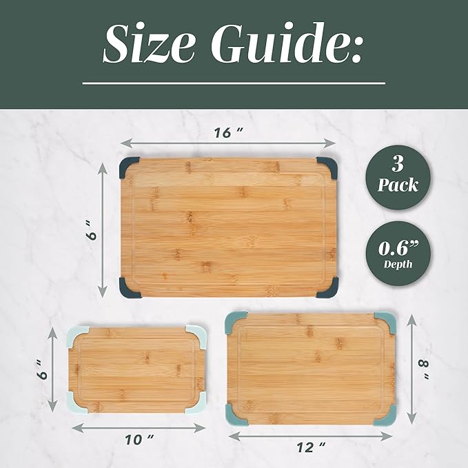 COOK WITH COLOR Non-Slip Cutting Board Set – Kitchen Essentials with Easy Grip Handle for Meat, Veggies, and Fruits, 3 Cutting Boards, Bamboo Non-Slip Green