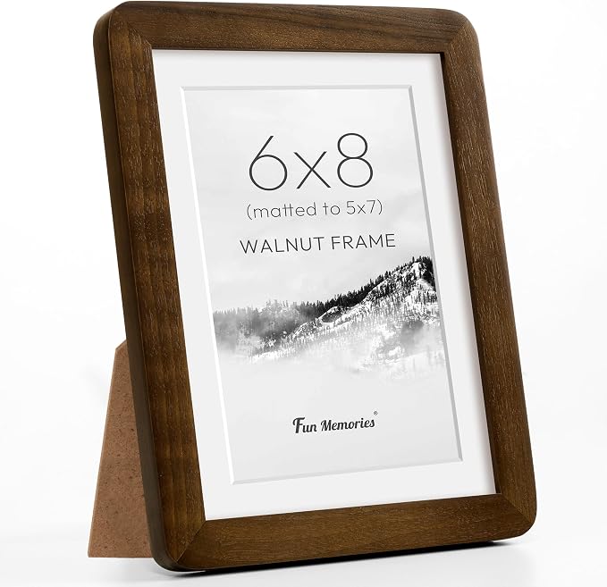 Fun Memories 6x8 Picture Frame - Solid Walnut Wood Frame for Wall & Tabletop Display, 6x8 Frame Matted to 5x7, 6 By 8 Horizontal or Vertical with Tempered Glass & Wall Kit, Natural Walnut