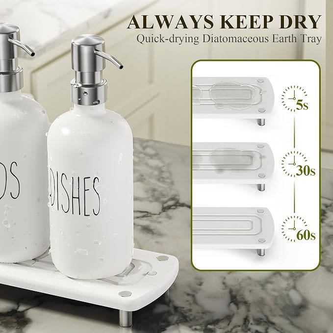 Cisily Kitchen Soap Dispenser Set Comes with Ceramics Sponge Holder, Gold Pumps, and Instant Dry Tray, Hand and Dish Soap Dispenser Set (4, Silver + White + Sponge Holder)