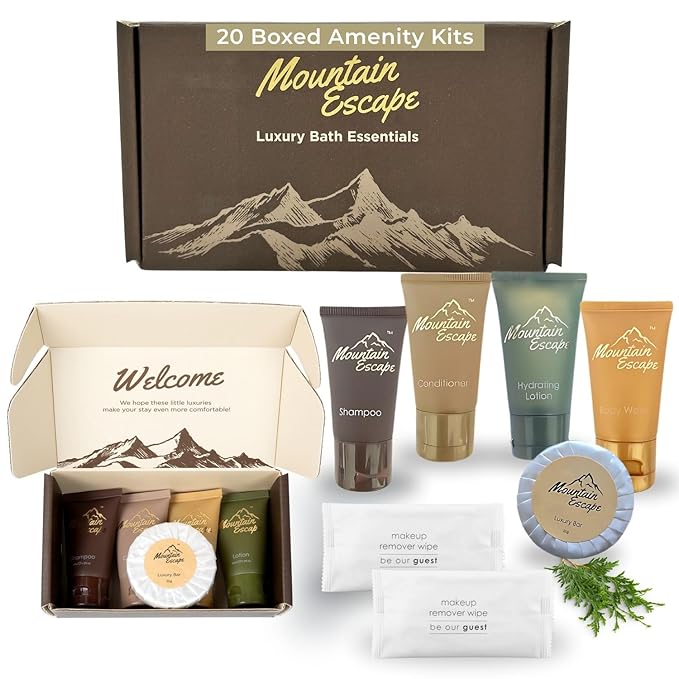 20 Display Ready Boxed Amenity Kits with Premium Hotel Toiletry Essentials - 1 oz Shampoo, Conditioner, Body Wash, Body Lotion, 1.2 oz Guest Soap & 2 Makeup Remover Wipes - Air bnb & Vacation Rentals