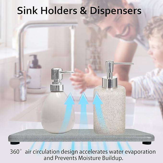 2-Pack Diatomite Soap Tray, Fast-Drying Water Absorbing Stone Tray for Bathroom & Kitchen Sink Counter, Anti-Skid Vanity Tray with Feet, Gray 8.3" x 4.0"