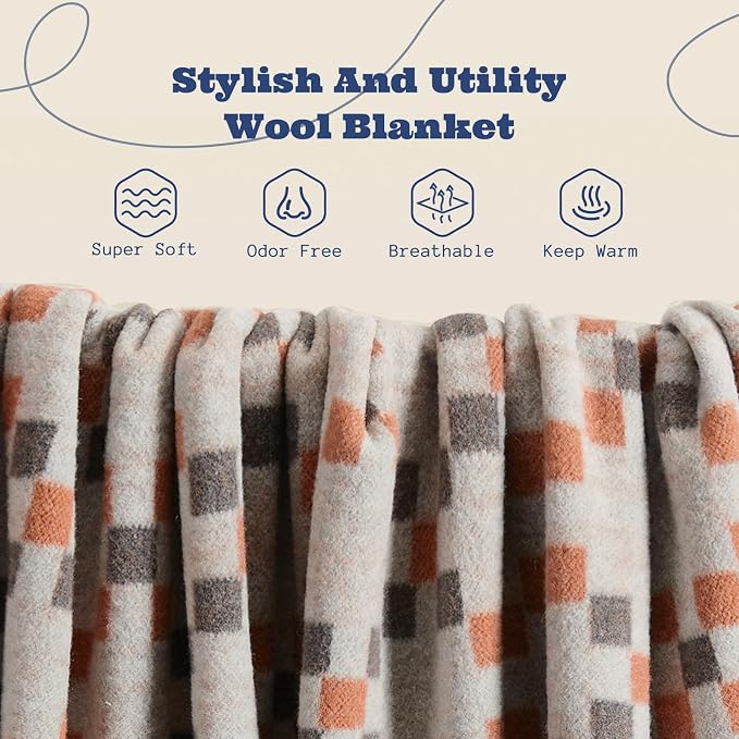 ACUSHLA Merino Wool Blanket - Soft Warm Thick Washable Large Throw Blanket for Camping Bed Couch Outdoor Travel All Weather, Mosaic Plaid Grey 79X63