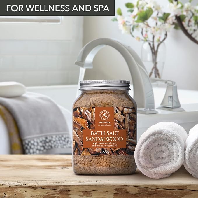 Bath Sea Salt Sandalwood 46 Oz (1300g) - Bath Salts with Sandalwood & Cinnamon Essential Oil for Bath Soak - Relaxing Bath - Muscle Relaxation - Aromatherapy Bath Salts - Sea Salt Bath