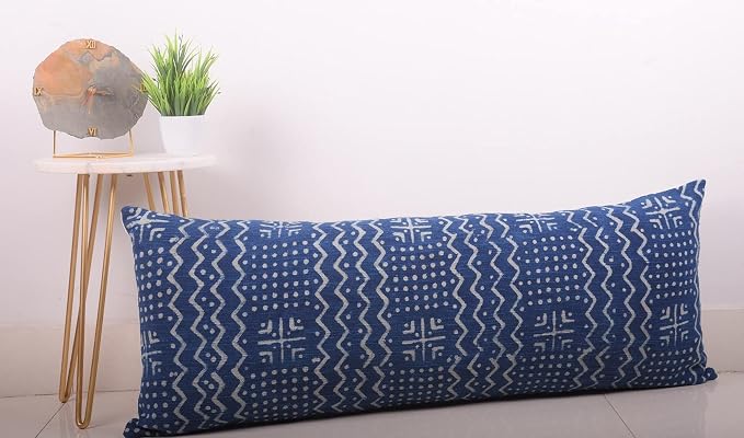 Trade Star Handwoven Throw Pillow Case 100% Cotton Body Pillow Case Indigo Long Pillow Cover for Farmhouse Spring Pillow Cover Modern Luxurious Beautiful Mudcloth (Indigo ALMA 14X36 INCHES)