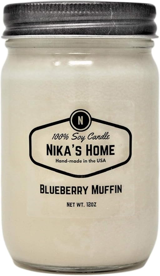 Nika's Home Blueberry Muffin Soy Candle - 12oz Mason Jar - Non-Toxic - Hand Poured in The USA, Long Burning 50-60 Hours Highly Scented All Natural, Clean Burning