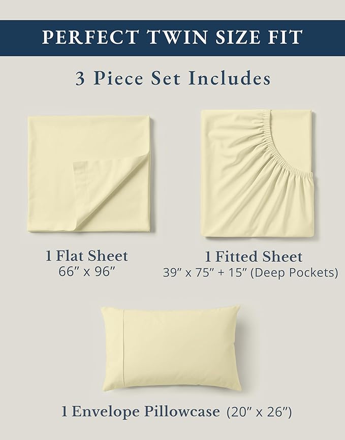 LANE LINEN 100% Organic Cotton Twin Bed Sheet Set, Soft, Comfy & Breathable Hotel Style Percale Bedding Sheets & Pillowcases Set, Mercerized Cotton Fully Elasticized Sheets Twin- Vanilla