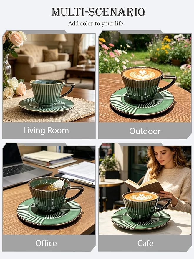 Ceramic Coffee Cup and Saucer Set, 6.7 oz Espresso Cup Set with Plate, Forest Green Ceramic Tea Cup for Latte, Cappuccino, Coffee Bar and Kitchen Décor