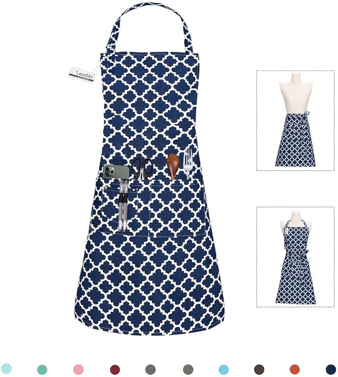 LessMo Kitchen Cooking Aprons with 3 Pockets for Men Women - Cotton Adjustable Professional Grade Chef Apron for Kitchen, BBQ & Grill (Blue)