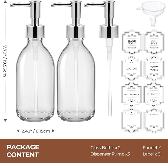 8 oz Clear Glass Pump Bottle, 250ml Small Lotion Dispenser Bottle for Body Massage Oil, Refillable Empty Hand and Dish Soap Dispensers Set with Plastic Silver Pump, Labels - 2 Pack
