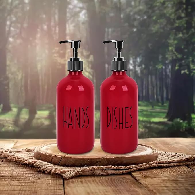 Dish Soap Dispenser for Kitchen - 16 OZ Glass Hand Soap Dispenser Set - Kitchen Bathroom Decor and Accessories (Red)