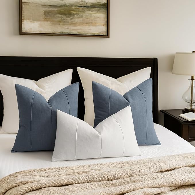 ZWJD Decorative Linen Throw Pillow Covers 18x18 Set of 2 Solid Handcrafted Striped Cushion Covers for Bed Soft Modern Farmhouse Neutral Pillowcase for Couch Bedroom Living Room Home Decor(Slate Blue)