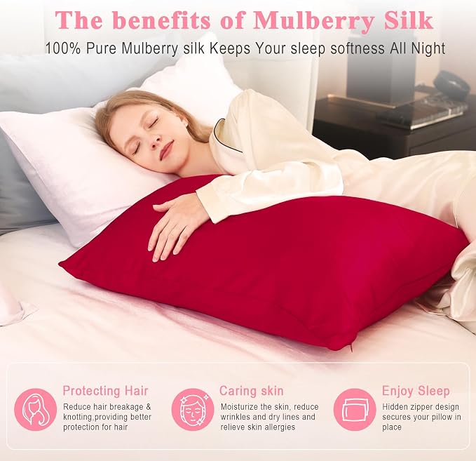 100% Pure Silk Pillowcase 2 Pack for Hair and Skin, Both Sides 23 Momme Grade 6A+ Mulberry Silk Pillowcases with Hidden Zipper, Soft&Smooth Cooling Pillow Cases (Red, Standard 20x26)