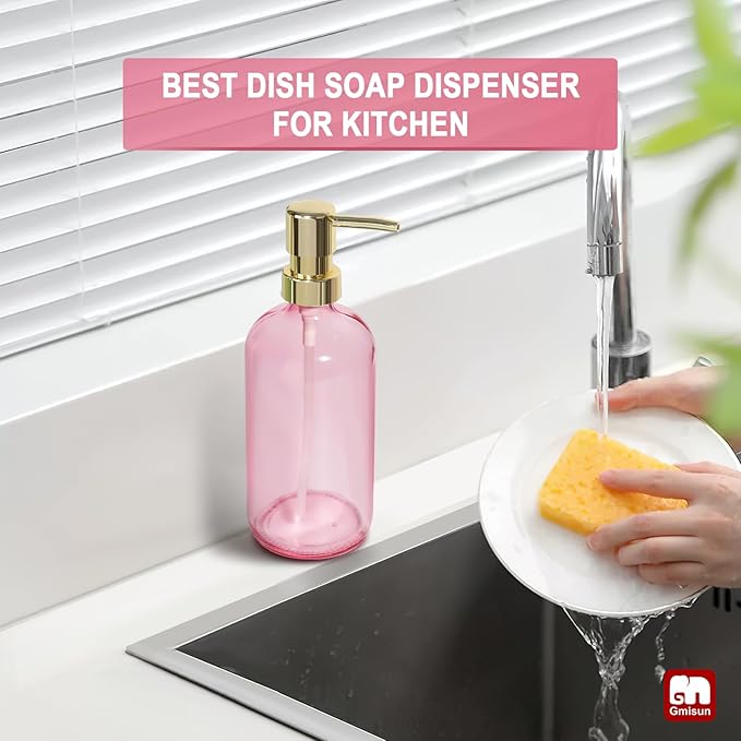 GMISUN Pink Soap Dispenser Bathroom, 1 Pack Glass Dish Soap Dispensers for Kitchen with Rustproof Plastic Gold Pump, 17 Fl Oz Bathroom Hand Soap Dispenser, Modern Liquid Dishwashing Dispensers Bottle