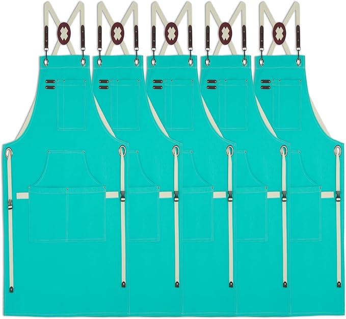 5 Pack Kitchen Apron, Work Apron, Canvas, Multiple Pockets, Gardening, Painting, BBQ, Artist, Carpenter, Sizes M to XXL, Ice Blue