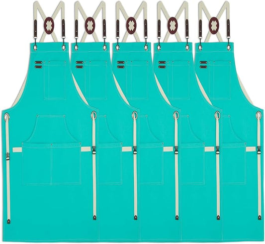 5 Pack Kitchen Apron, Work Apron, Canvas, Multiple Pockets, Gardening, Painting, BBQ, Artist, Carpenter, Sizes M to XXL, Ice Blue