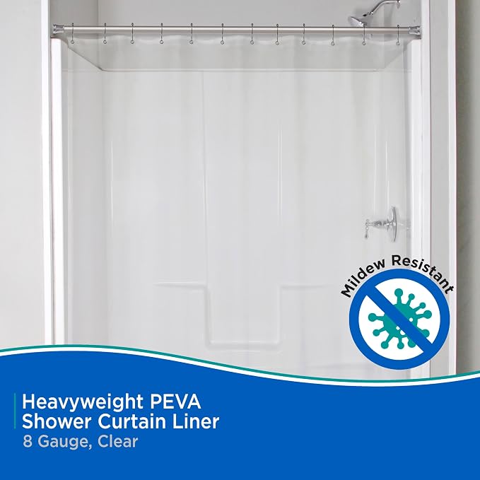Kenney KN61455 Heavyweight 8 Gauge Waterproof PEVA Shower Curtain Liner with Rust-Resistant Metal Grommets and Weighted Magnetic Hem for Bathroom, 70" W x 72" H, Clear