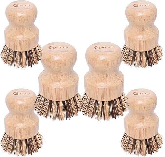 6 Packs Bamboo Dish Scrubber - Hard Bristle, Plastic Free Dish Brush Union Fiber and Tampico Fiber Bamboo Wok Brush for Washing Cast Iron Pan/Pot