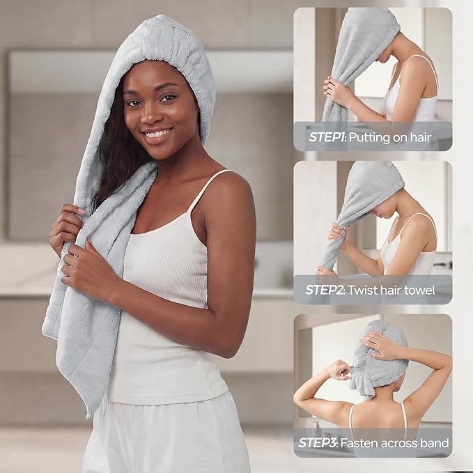 REDKISS 2 Pack Microfiber Hair Towel Wrap for Women, Super Absorbent & Quick Dry Large Hair Turban, Lightweight Anti-Frizz Drying Towel for Long Curly Thick Hair - Blue Gray