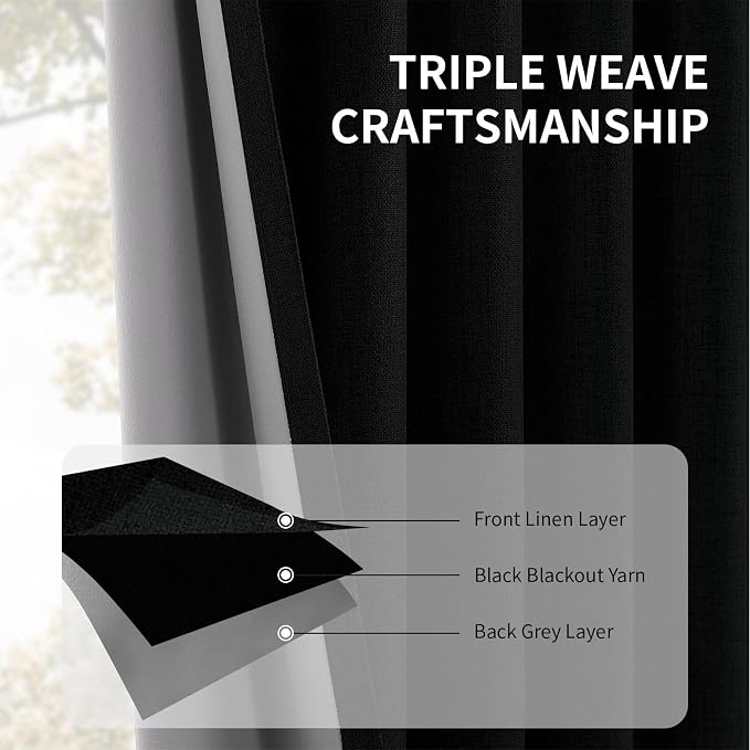 CUCRAF Linen 100% Blackout Curtains 84 Inch Length 2 Panels Set, Back Tab and Rod Pocket Curtain for Living Room Bedroom, Room Darkening Window Drapes Thermal Insulated, (37x84 inch, Black)