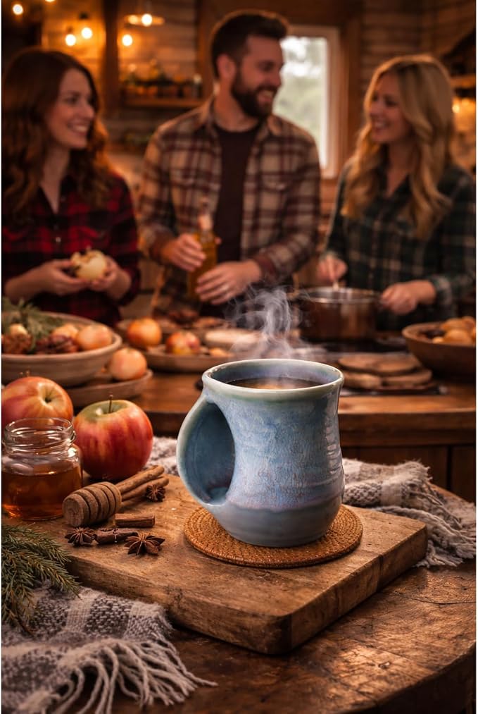 Hand Warmer Mug, Ceramic and Hand Painted - Contoured Pocket will Hold Warmth From The Heat Of Your Drink - Keep Your Fingers Warm, Comfy Handwarmer Gift, Winter Stocking Stuffer Gifts - Left Handed