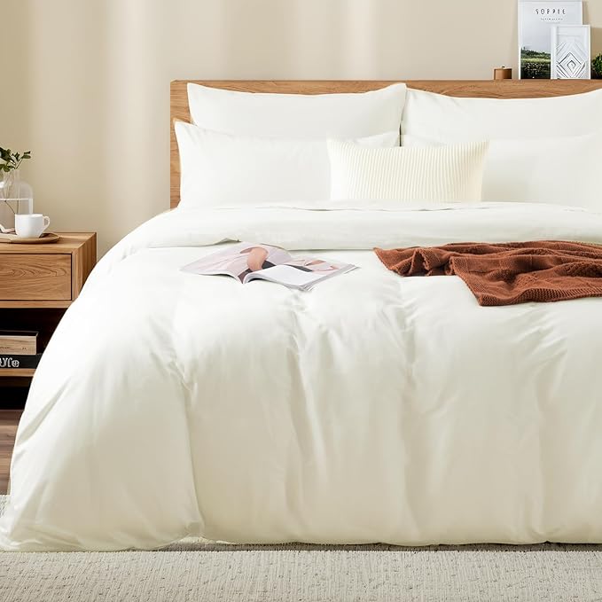 NEXHOME PRO Twin Duvet Cover Set, 100% Washed Cotton with Linen-Like Texture, Natural Organic, Breathable & Comfortable, Includes Home Bedding Set Milk White (No Comforter) 6890