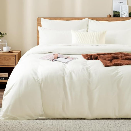 NEXHOME PRO Twin Duvet Cover Set, 100% Washed Cotton with Linen-Like Texture, Natural Organic, Breathable & Comfortable, Includes Home Bedding Set Milk White (No Comforter) 6890