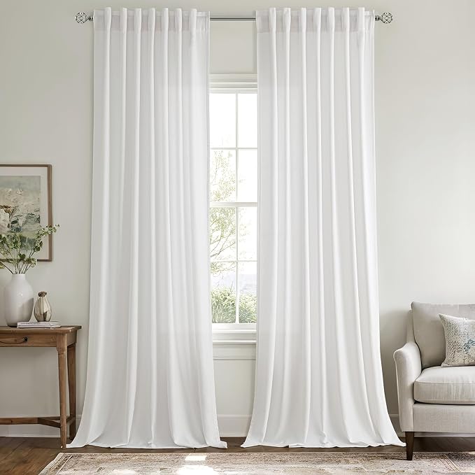 MIULEE Non-See-Through Privacy Linen Curtains 2 Panels, Light Filtering Window Curtains Farnhouse Textured Back Tab Semi Sheer Drapes for Bedroom Living Room, 52 x 90 Inches Long, Pure White