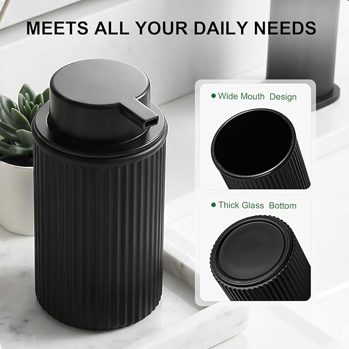 KASUNTING Matte Black Foaming Soap Dispenser, Ribbed Glass Foam Hand Soap Dispenser for Bathroom, 11 Fl Oz Refillable Foaming Bottle with Black Pump, Modern Dish Soap Foam Dispenser