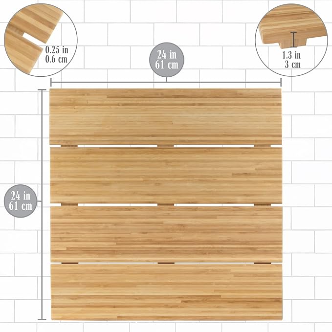BambooMN Bamboo Bath Mat for Bathroom, Spa, Outdoor Shower, Extra Large Square (24" x 24" x 1.3"), Anti-Slip, Water Resistant Coating - 2 Pieces