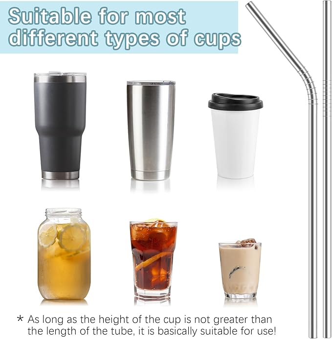 33 Pack of metal straws reusable,15 Straight +15 Bent 8.5 Inch Stainless Steel Straws, 3 Pcs Cleaning Brushes Included, Perfectly Compatible with 20oz Cup Tumblers